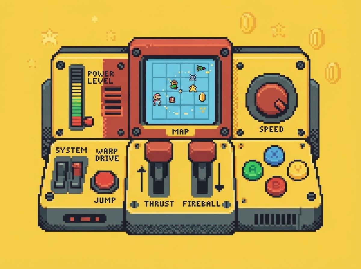 Pixel-art chunky game control panel console with levers, switches and meters