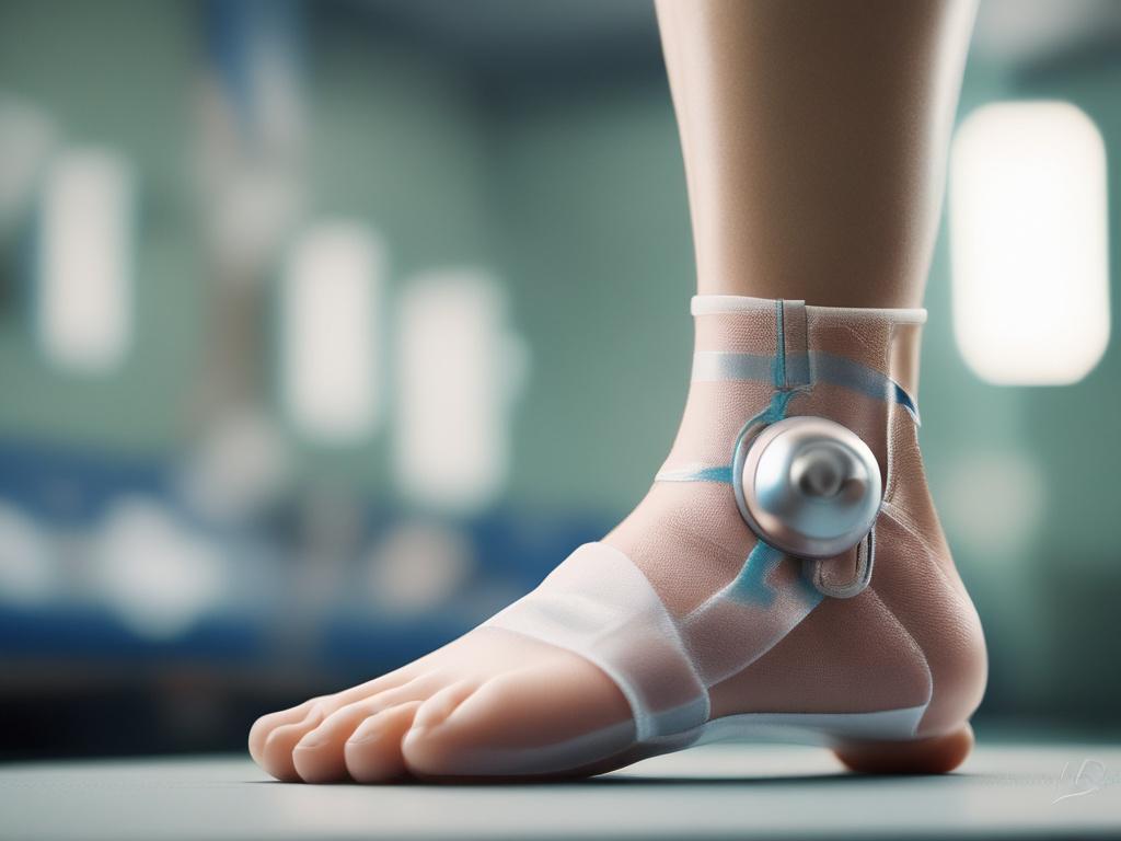 Create a realistic high-resolution photo that embodies the theme of the blog titled "Is Ankle Replacement Surgery Right for You? Key Considerations Before Deciding." The composition should feature a close-up shot of a thoughtful patient, a middle-aged person (either gender), sitting on a medical examination table in a well-lit, clinical setting. 

The subject should be looking contemplatively at their ankle while holding a medical brochure about ankle replacement surgery. The focus should be sharp on the pa