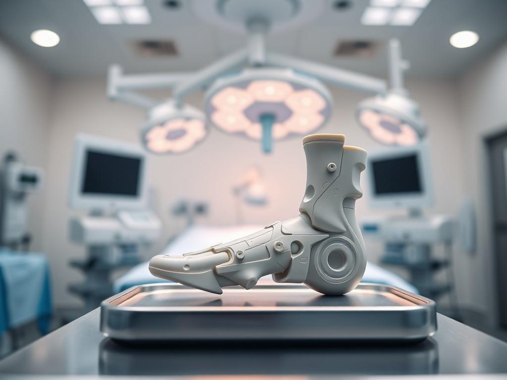 Create a realistic high-resolution photo that captures the essence of modern advancements in ankle surgery, specifically highlighting the use of 3D printing for custom implants. The composition should feature a single, detailed close-up of a 3D-printed ankle implant on a stainless steel surgical tray, symbolizing innovation in the medical field. The implant should exhibit intricate design patterns and contours, showcasing its custom nature.
In the background, blur a well-equipped surgical room softly illum