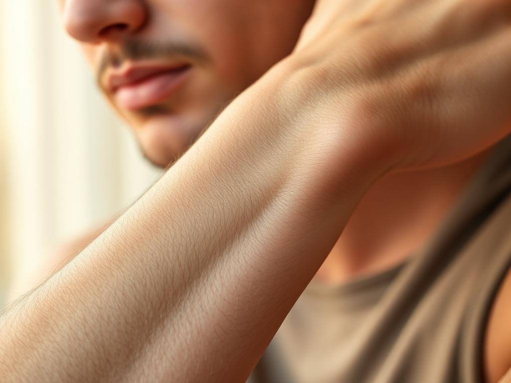 Create a realistic high-resolution photo featuring a close-up of a man's smooth, hairless skin on his forearm, showcasing the results of laser hair removal. The image should focus on the texture and glow of the skin, highlighting its softness and cleanliness. The background should be softly blurred, featuring neutral tones that complement the color #CFB07C, ensuring the subject stands out prominently. The lighting should be warm and natural, bringing attention to the skin without harsh shadows. Capture the 