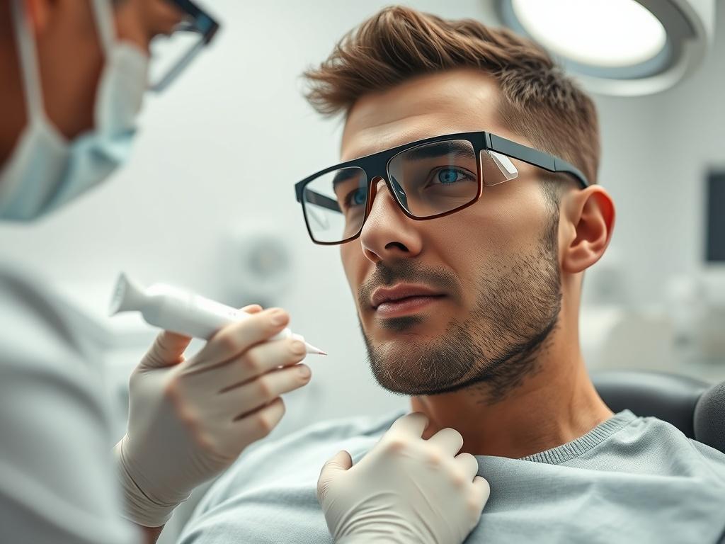 A close up shot showing a male client with protective