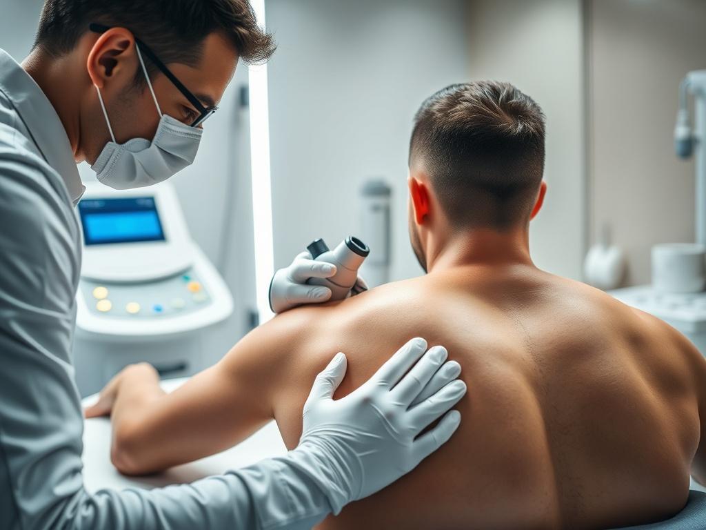 A close up shot of a technician operating a laser