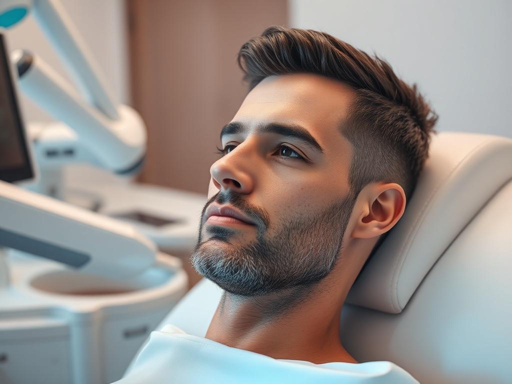 **AI Image Generation Prompt:**

Create a realistic high-resolution photo focused on a man receiving laser hair removal treatment. The composition should be simple and clear, featuring only one subject: a male client in a comfortable treatment chair at a professional clinic. The man should appear relaxed, showing confidence in the treatment process. His skin tone is medium, and he has a light beard, emphasizing the focus on male grooming.

The background should include visual elements signifying a clean and