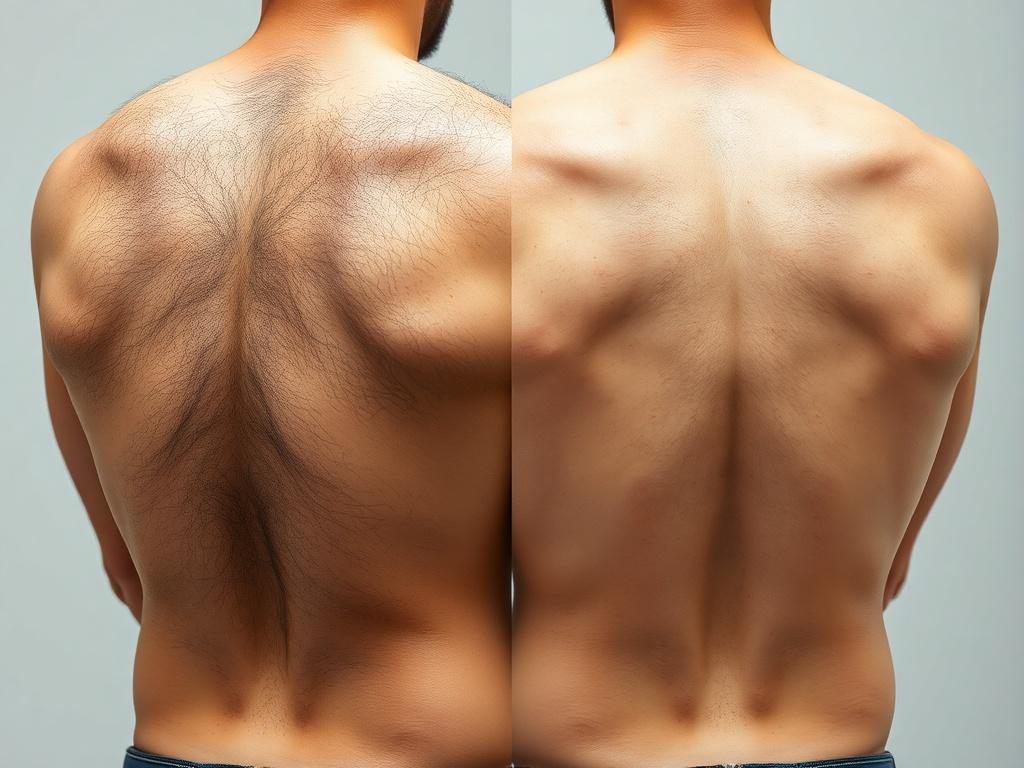 A hyper-realistic close-up photo displaying a man's back before and after undergoing laser hair removal. The left side features a back covered in hair, with noticeable patches, while the right side reveals a smooth, hair-free surface, showcasing the procedure's success. The background is neutral and unobtrusive, allowing the focus to remain on the back's transformation. The lighting enhances the contrast between the two sides, illustrating the remarkable results of the treatment.