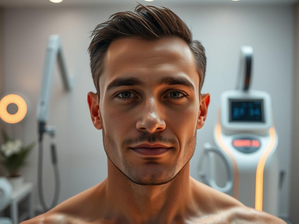 A close-up shot of a well-groomed man preparing for a laser hair removal session. The man is facing the camera, displaying a calm and confident demeanor. He is standing in a modern, clean treatment room with soft lighting, showcasing advanced laser equipment in the background. The focus is on the man's face and upper body, emphasizing his smooth skin and relaxed expression, conveying a sense of professionalism and care.