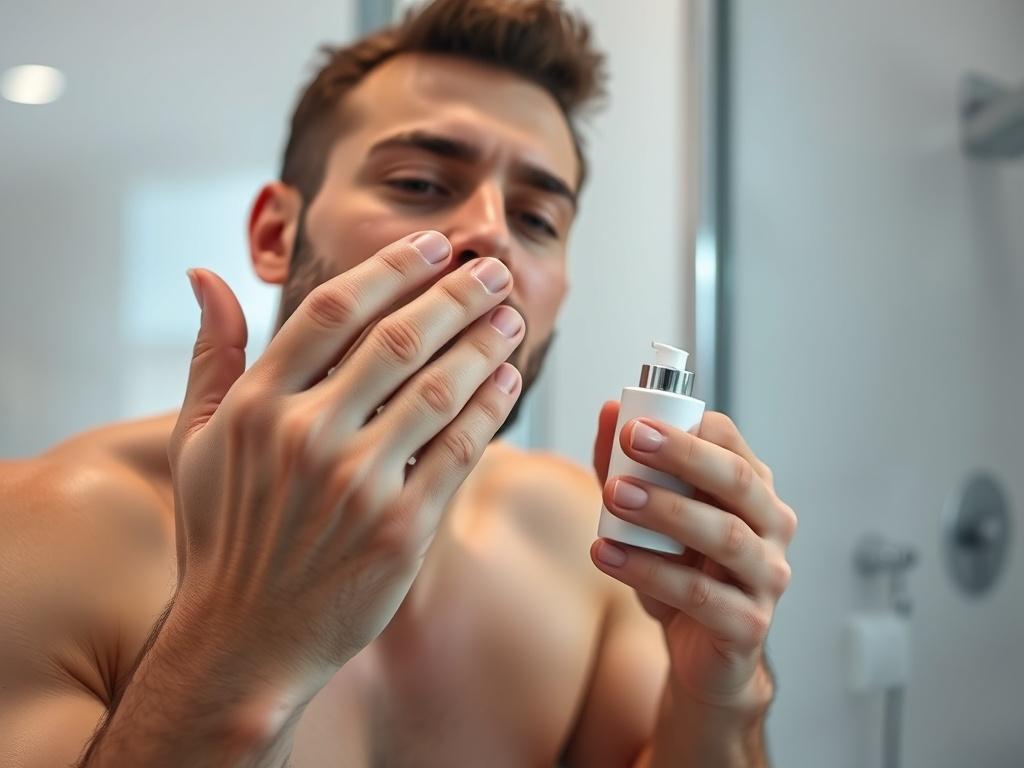 A close-up image of a man applying a soothing lotion to his skin after a laser hair removal session. The setting is a calm and serene bathroom, with soft lighting that highlights the focus on skincare. The image captures the essence of self-care and healing, incorporating the rgb(50, 170, 39) color scheme for a cohesive look.