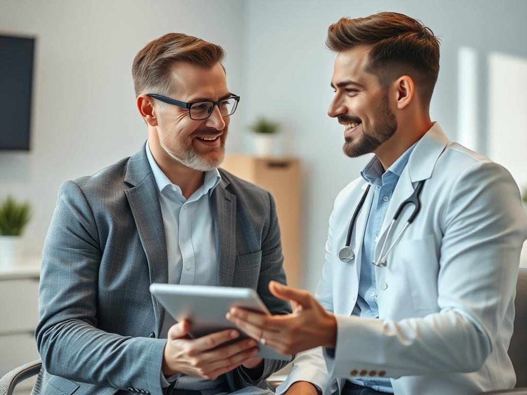 A close-up shot of a professional consultation setting with a laser hair removal expert discussing with a male client. The background is softly blurred, showing a clean, modern clinic. The expert is holding a tablet with a friendly demeanor, while the client looks engaged and interested. The primary color theme of the image incorporates rgb(50, 170, 39).