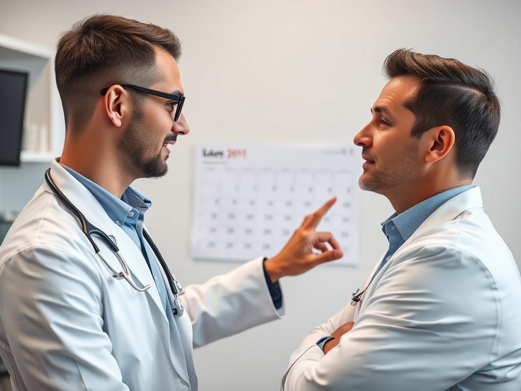 A professional scene showing a male client in a laser hair removal clinic being informed about his follow-up appointments by a technician. The technician is pointing to a calendar, and both appear engaged in the conversation. The image highlights the clinical environment, structured with rgb(50, 170, 39) accents for a unified appearance.