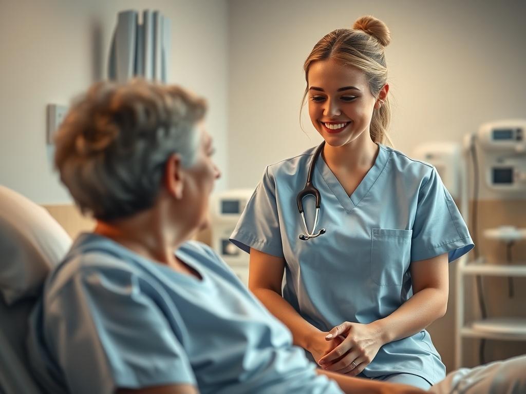 A beautiful nurse attending to a patient in a caring manner. The nurse is smiling and appears warm and friendly, wearing a professional nursing uniform. The patient, looking relaxed and comfortable, is sitting in a well-lit room that conveys a sense of safety and care. The background includes soft colors and medical equipment, but the focus is on the nurse and the patient to highlight the nurturing relationship. The image should be realistic, high-resolution, and shot with a 45mm f/1.2 lens style.