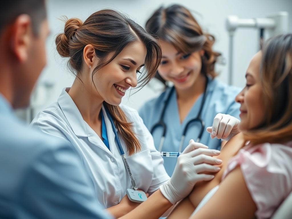 A beautiful nurse providing care to a patient, administering an injection. The nurse is smiling warmly, wearing a clean, professional uniform, and is focused on the patient, who looks calm and reassured. The background is soft and soothing, with medical equipment subtly visible. The composition should emphasize the caring interaction between the nurse and the patient, capturing a moment of trust and professionalism.