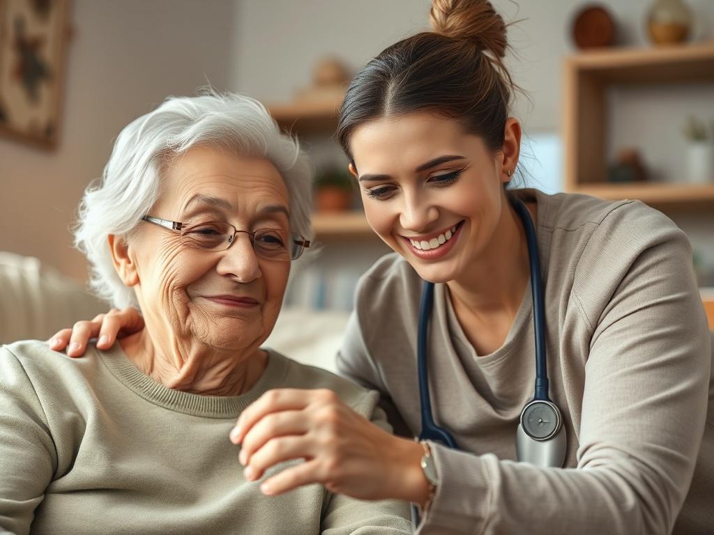 A close up shot of a caregiver helping an elderly