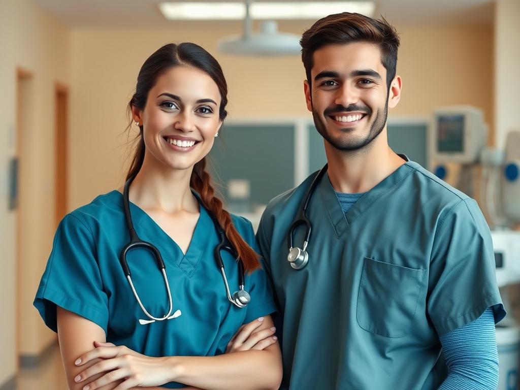 A beautiful female nurse and a handsome young male nurse standing together in a warm, friendly healthcare setting. Both nurses are smiling and wearing professional scrubs. The background showcases a clean, well-lit clinic environment with medical equipment subtly visible. The composition should focus on their friendly demeanor, conveying a sense of care and professionalism.