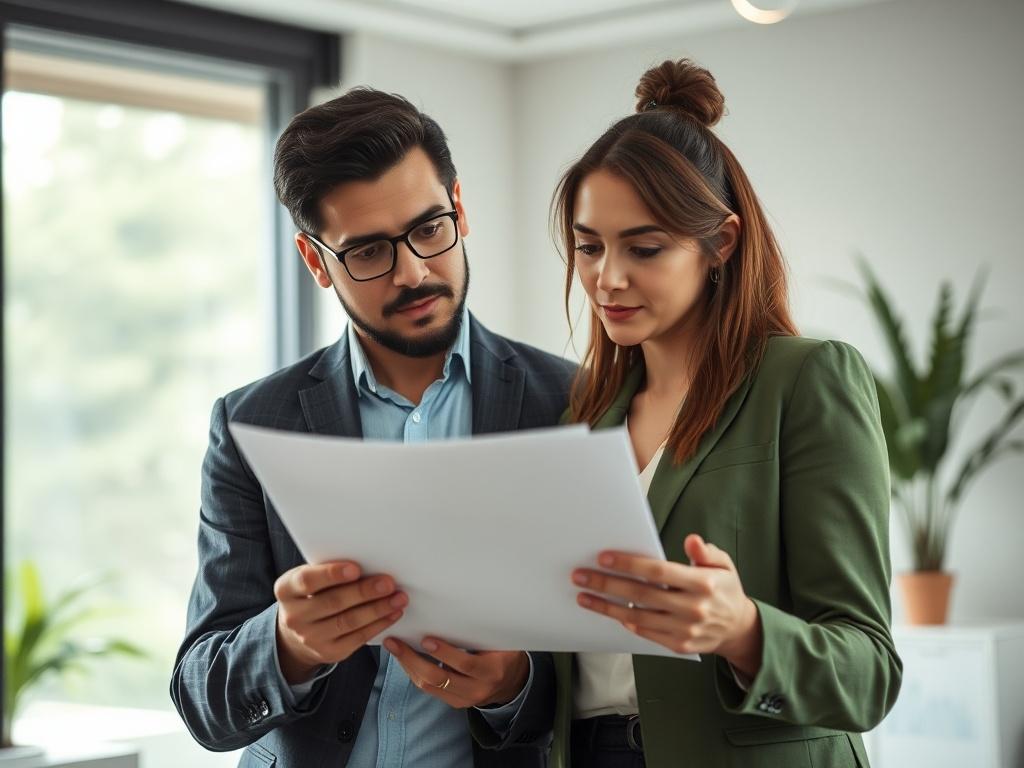 A close-up shot of a professional consultant discussing documents with a mortgage loan servicer. The consultant should be depicted as confident and knowledgeable, highlighting a sense of professionalism. The setting should reflect a modern office environment, with soft natural lighting and a clean background. The color palette should incorporate shades of green to align with the primary color rgb(50, 170, 39). The image should be hyper-realistic and focused, emphasizing the consultant's engagement with the 
