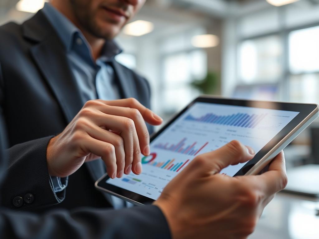 A close-up shot of a professional analyzing vendor performance metrics on a tablet, with graphs and charts visible. The background should be a well-lit office space, conveying clarity and focus on data.