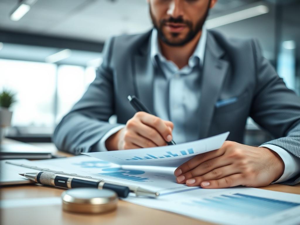 A close-up shot of a compliance audit in action, featuring a professional reviewing documents and charts on a desk. The background should be a modern office environment with soft lighting, showcasing a sense of professionalism and focus.