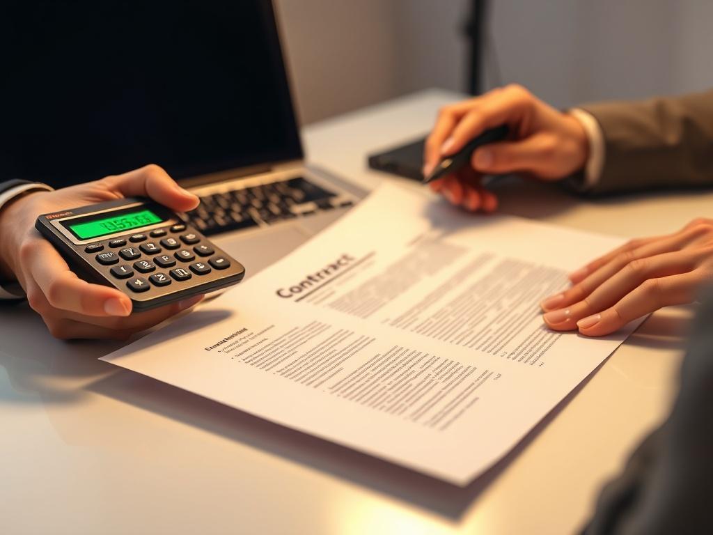 A close-up shot of a professional reviewing a contract document with a calculator in hand, on a clean desk with a laptop in the background. The focus is on the document with highlighted sections, conveying a sense of diligence and thoroughness. The background should be soft and slightly blurred, emphasizing the contract and the reviewing process. The overall color scheme should incorporate a green hue to match the primary color rgb(50, 170, 39).