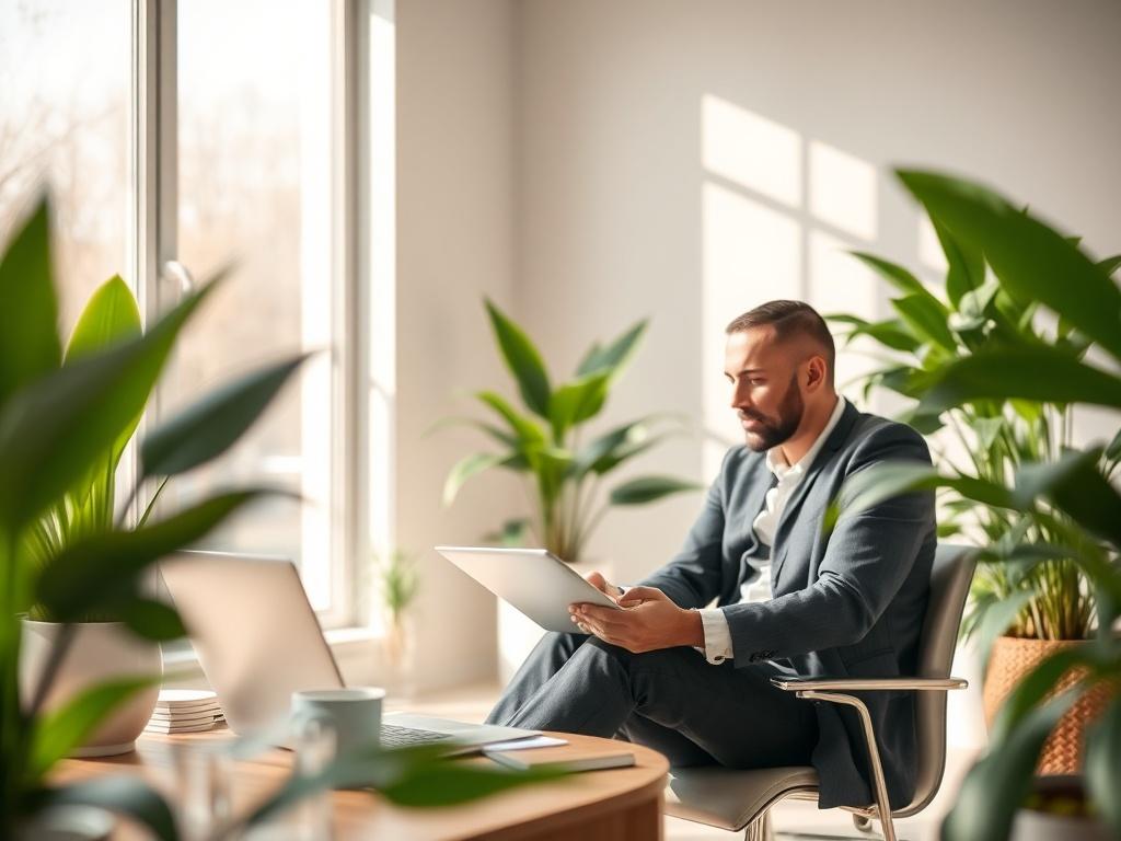 A serene office environment with an investment consultant reviewing market