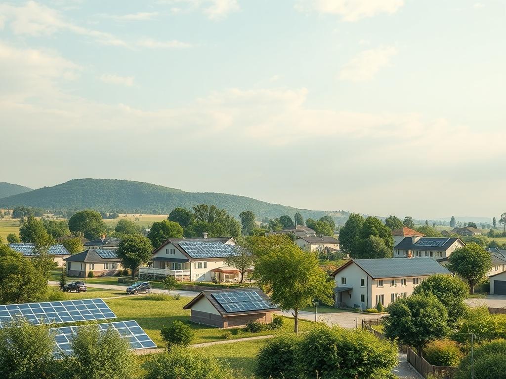 A peaceful landscape showcasing a thriving green community, with solar