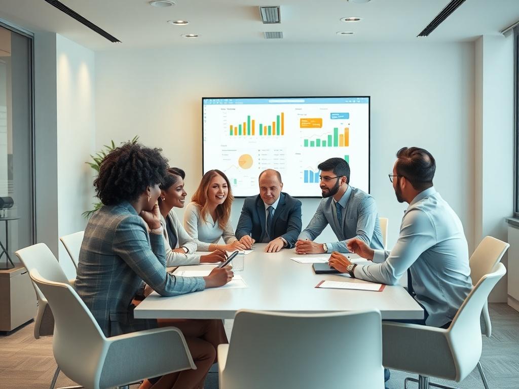A group of diverse business professionals engaged in a strategy