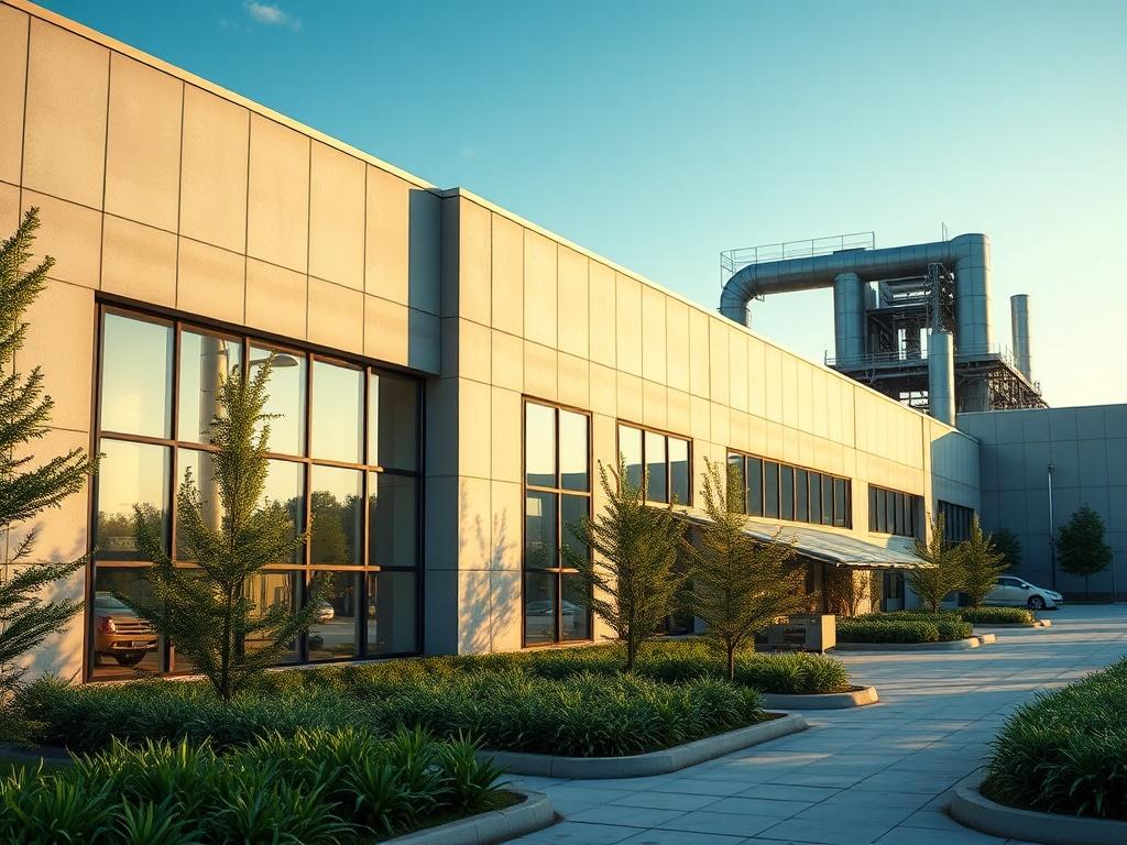A state of the art factory exterior, showcasing modern architecture