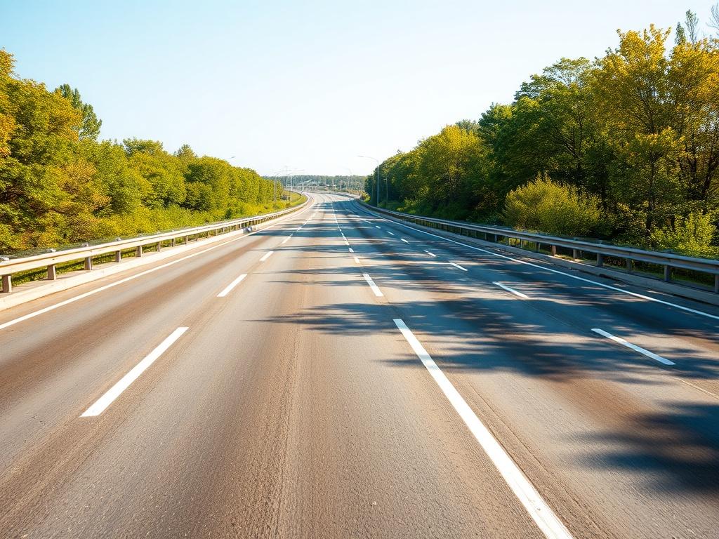 A newly constructed highway segment with clear lanes and surrounding