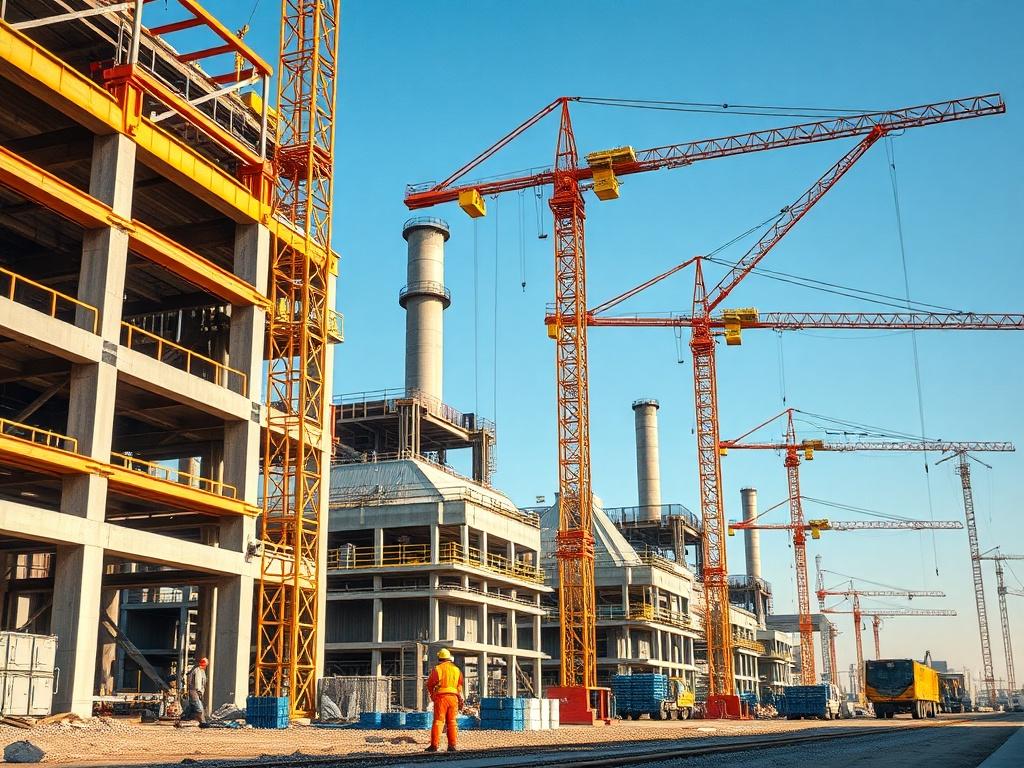 A high resolution showcasing a modern factory under construction, featuring