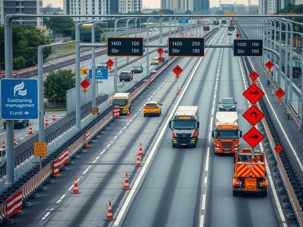 A high resolution depicting a busy highway under construction, showcasing