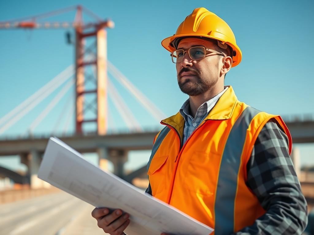 A professional civil engineer in a hard hat, standing on