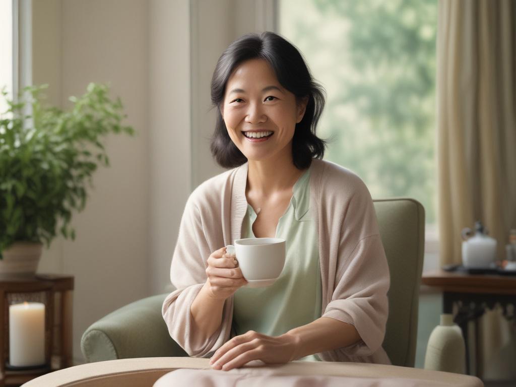 A serene image of a middle-aged woman of Asian descent, in her 50s, sitting comfortably in a cozy setting, holding a cup of herbal tea. The background features gentle lighting and soft pastel colors, creating a peaceful atmosphere. The woman appears relaxed and content, surrounded by soft cushions and a calming ambiance.