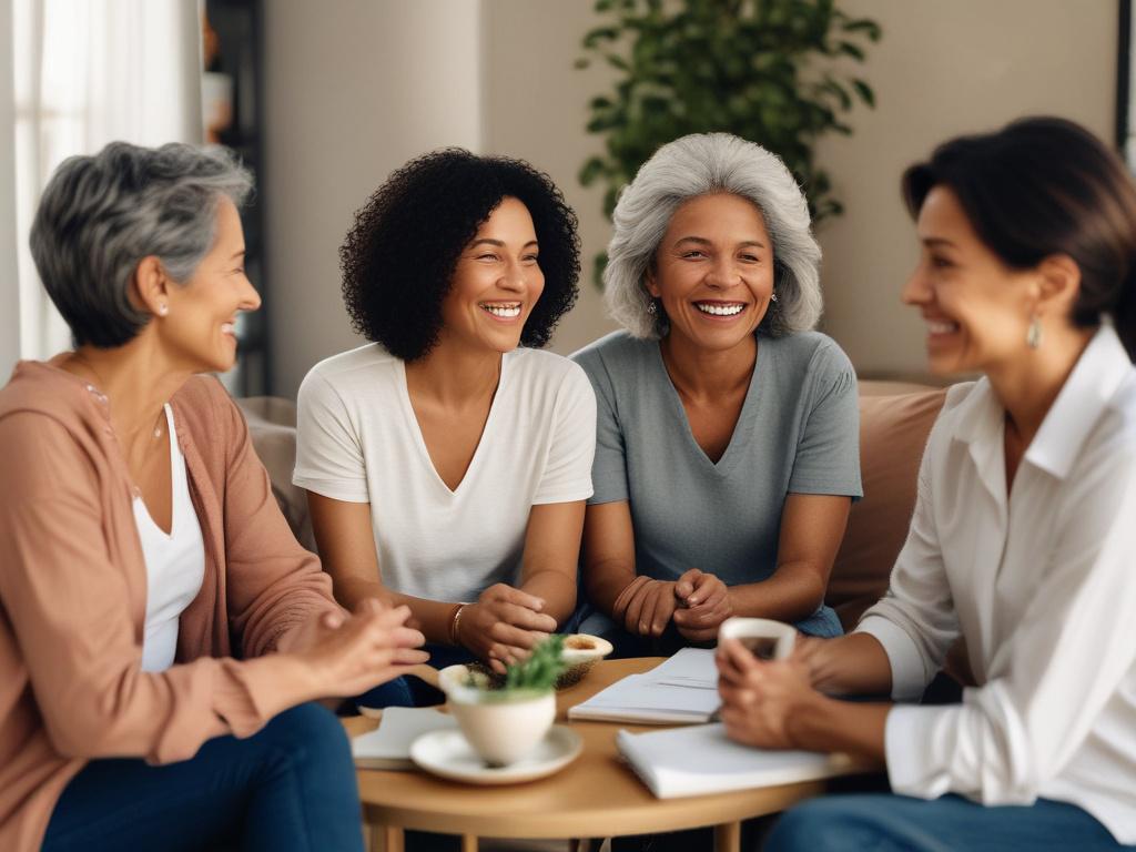 A warm gathering of women in their 50s and 60s, of mixed races (Mexican, White, and Black), participating in a group coaching session. They are smiling and engaged, sitting comfortably in a cozy room with soft lighting and calming decor, fostering a sense of camaraderie and support.