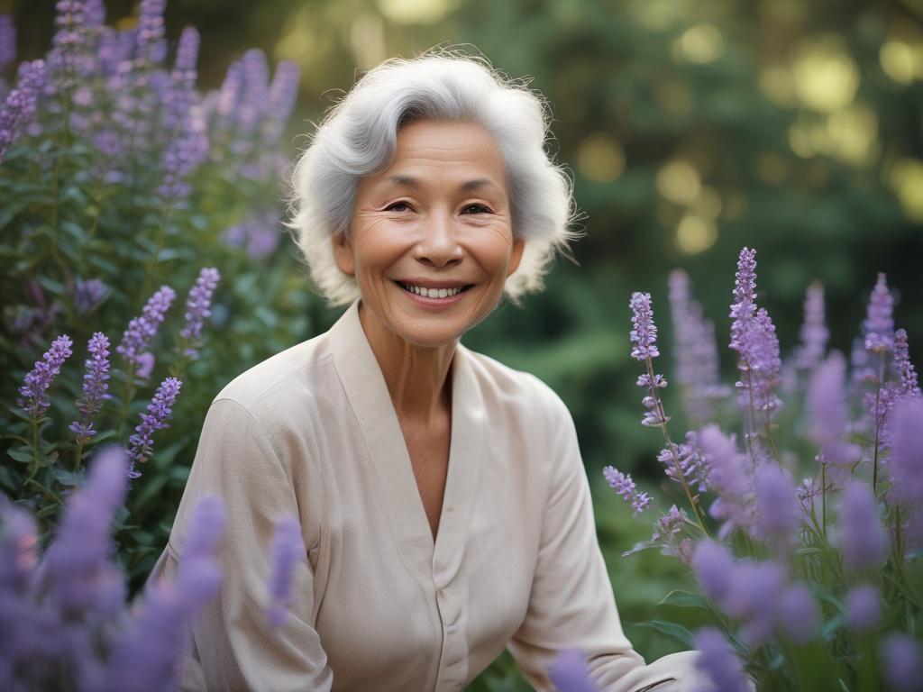 A serene and calming image of a joyful older woman