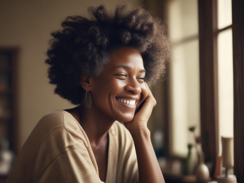 A realistic high-resolution photo of an older black woman looking at her hair in a mirror. She is smiling gently, reflecting a sense of self-acceptance and confidence. The background is softly blurred, showcasing an earthy and rustic aesthetic with natural tones, such as warm browns and soft greens. The lighting is soft and natural, enhancing the serene atmosphere. The woman has textured gray hair, styled elegantly, and she is dressed in comfortable, casual attire that complements the calmness of the settin