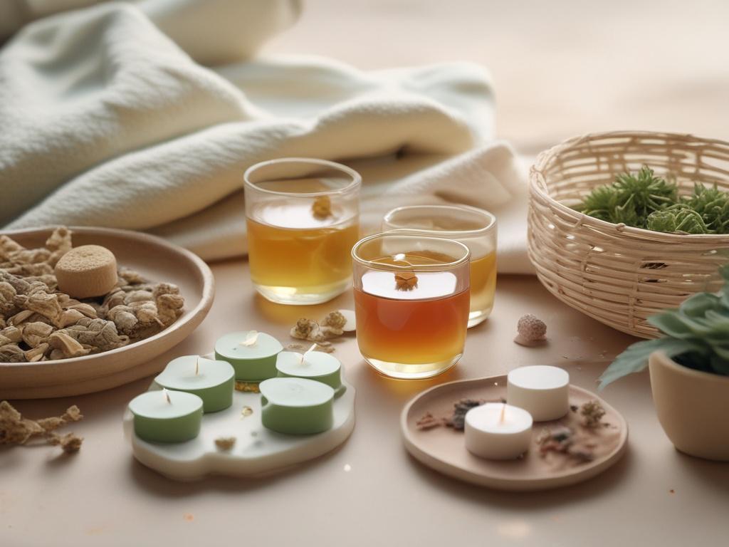 A tranquil image showcasing a selection of wellness products including herbal teas and gentle skin care items. The products are displayed elegantly on a soft, light-colored surface with a background that features calming natural elements like plants and soft fabrics. The overall atmosphere should evoke a sense of peace, wellness, and empowerment for women experiencing menopause.