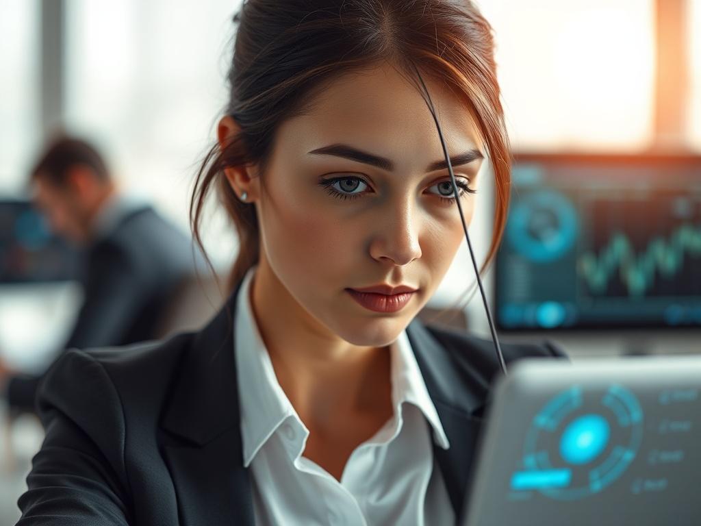 A close-up shot of a professional woman in a modern office setting, reflecting deep thought and engagement. She is surrounded by sleek technology and digital interfaces that symbolize emotional intelligence and AI ethics. The background is minimal and clean, with a focus on soft, natural light that enhances the professional ambiance. The color scheme reflects the primary color rgb(4, 104, 120) for a cohesive look.