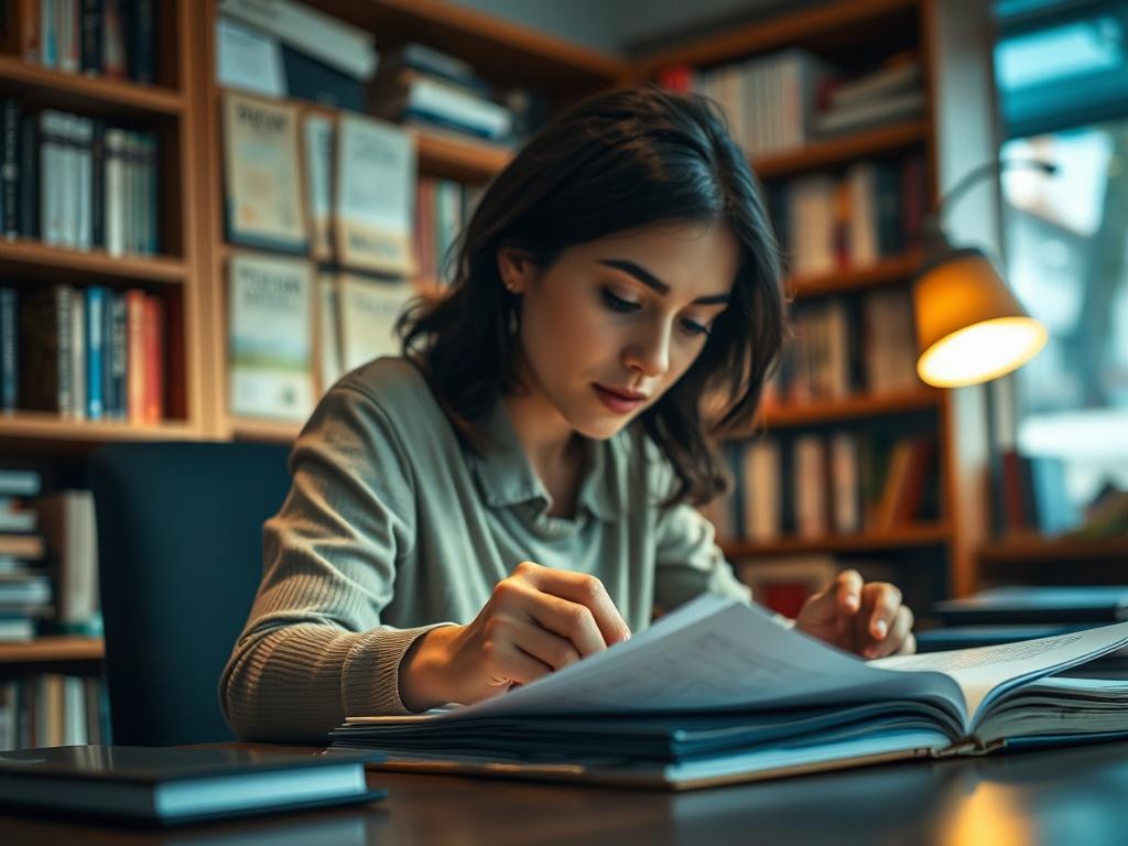 A close-up shot of a thoughtful person looking at research papers on a desk, with a soft-focus background of bookshelves filled with trauma-informed resources. The lighting is warm and inviting, capturing the essence of emotional intelligence in a professional setting.