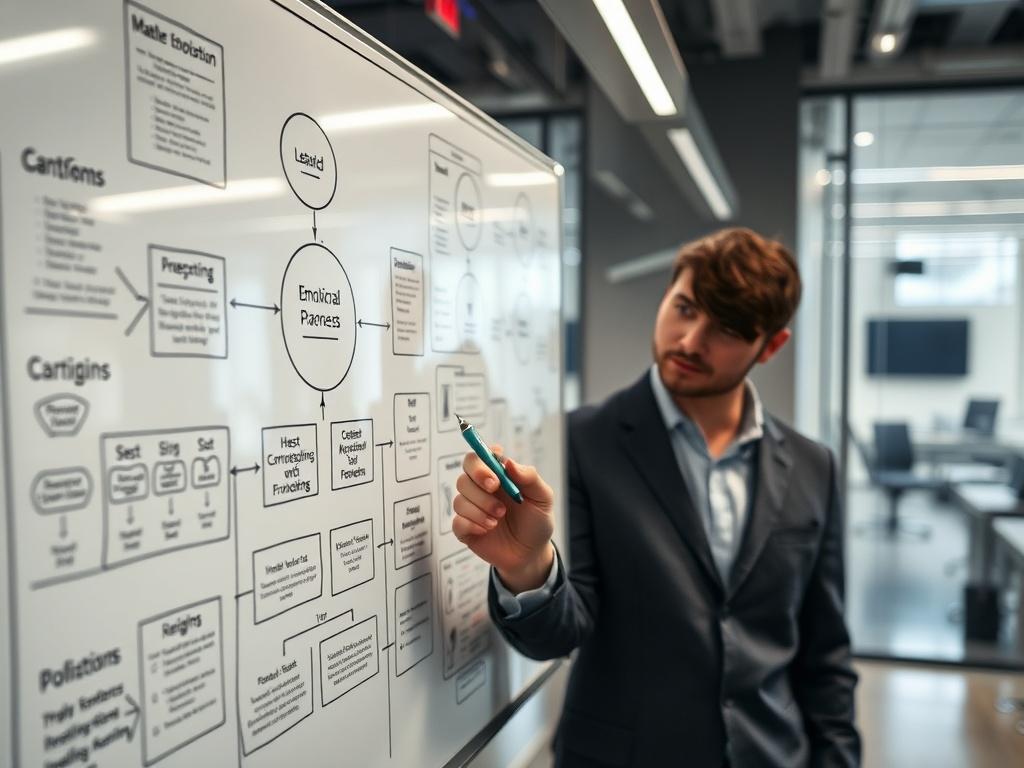 A close-up shot of a person brainstorming ideas on a whiteboard filled with diagrams of emotional intelligence frameworks, with a sleek, modern office background. The scene conveys innovation and collaboration in technology.
