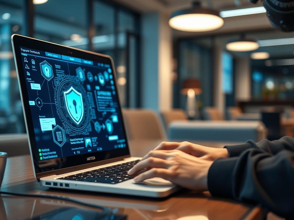 A close-up shot of a person working on a laptop with cybersecurity visualizations on the screen, surrounded by elements representing data protection. The background features a modern office setting, highlighting the importance of safeguarding information.