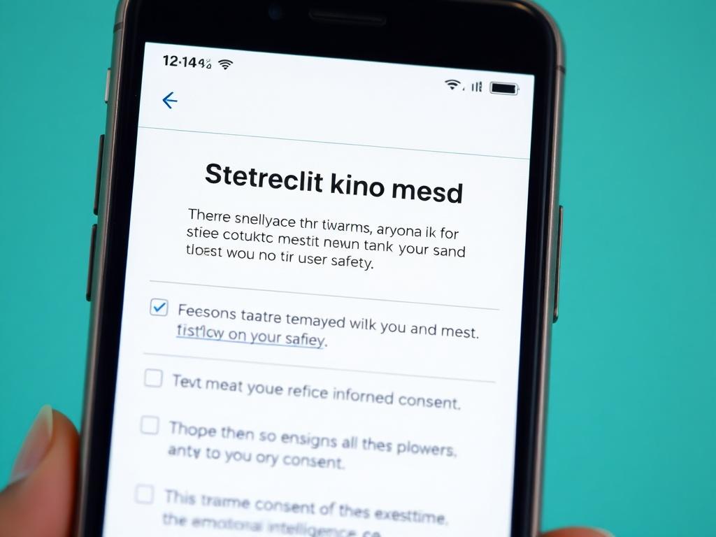 A close-up shot of a smartphone displaying a user-friendly interface with trauma-informed consent options. The background is a soft gradient in shades of teal to reflect a calming environment. The focus is on the phone, showcasing the clear, empathetic design of the consent flow, emphasizing emotional intelligence and user safety.