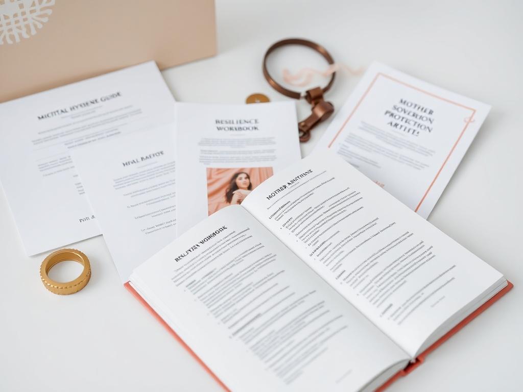 A close-up shot of the Mother Sovereign Protection Kit (M-SPK) displayed on a minimalist background, featuring legal templates, a digital hygiene guide, and an open resilience workbook. The focus is on the workbook with visible pages filled with structured activities and reflections. The entire composition should convey a sense of empowerment and security, highlighting the luxurious yet minimalist design aesthetic of the kit, shot with a 45mm f/1.2 lens.