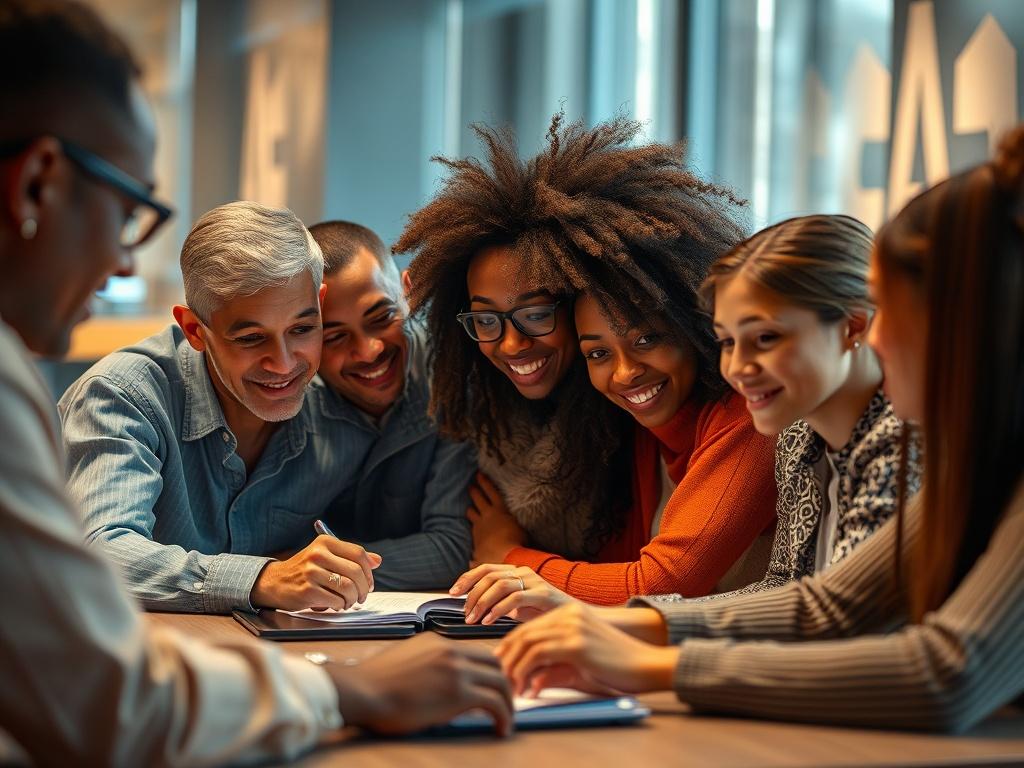 A thoughtful close-up of a diverse group of people collaborating around a digital table, engaging in a discussion about technology and authorship. The background should convey a sense of innovation and inclusivity, with warm lighting that highlights the diverse perspectives and ideas being shared.