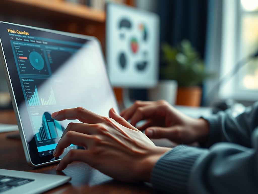 A serene close-up of a designer's hands working on a digital interface, showcasing a blend of creativity and technology. The background should subtly incorporate elements of a workspace, emphasizing the intersection of ethics and design. The lighting should be soft and inviting, highlighting the focus on emotional intelligence.