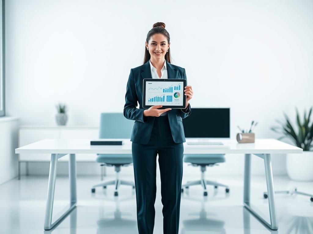 A minimalist office setting showcasing a single professional woman standing confidently in front of a sleek, modern desk. She holds a digital tablet, displaying graphs and data visualizations. The background is softly blurred, emphasizing the clean lines and simple colors of the workspace, with a color palette featuring shades of teal and white, conveying a sense of calm and authority.