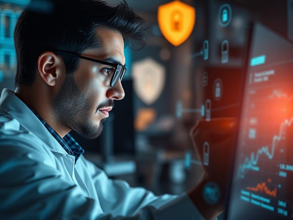 A close-up shot of a cybersecurity expert analyzing data on a computer screen, surrounded by digital security elements, emphasizing the importance of safeguarding emotional information with a professional and secure atmosphere.
