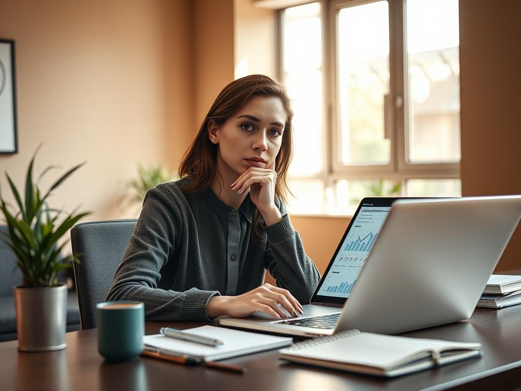 Create a highly realistic, high-resolution photo focusing on a single subject that embodies the concept of "Understanding Emotional Data". The subject should be a thoughtful individual, preferably a woman in her 30s, with an expression of contemplation and curiosity. She should be sitting at a sleek, modern desk with a laptop open in front of her, displaying graphs and charts that symbolize emotional data analytics.

The background should feature a stylish office environment with soft natural lighting filte