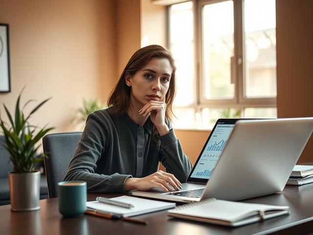 Create a highly realistic, high-resolution photo focusing on a single subject that embodies the concept of "Understanding Emotional Data". The subject should be a thoughtful individual, preferably a woman in her 30s, with an expression of contemplation and curiosity. She should be sitting at a sleek, modern desk with a laptop open in front of her, displaying graphs and charts that symbolize emotional data analytics.

The background should feature a stylish office environment with soft natural lighting filte
