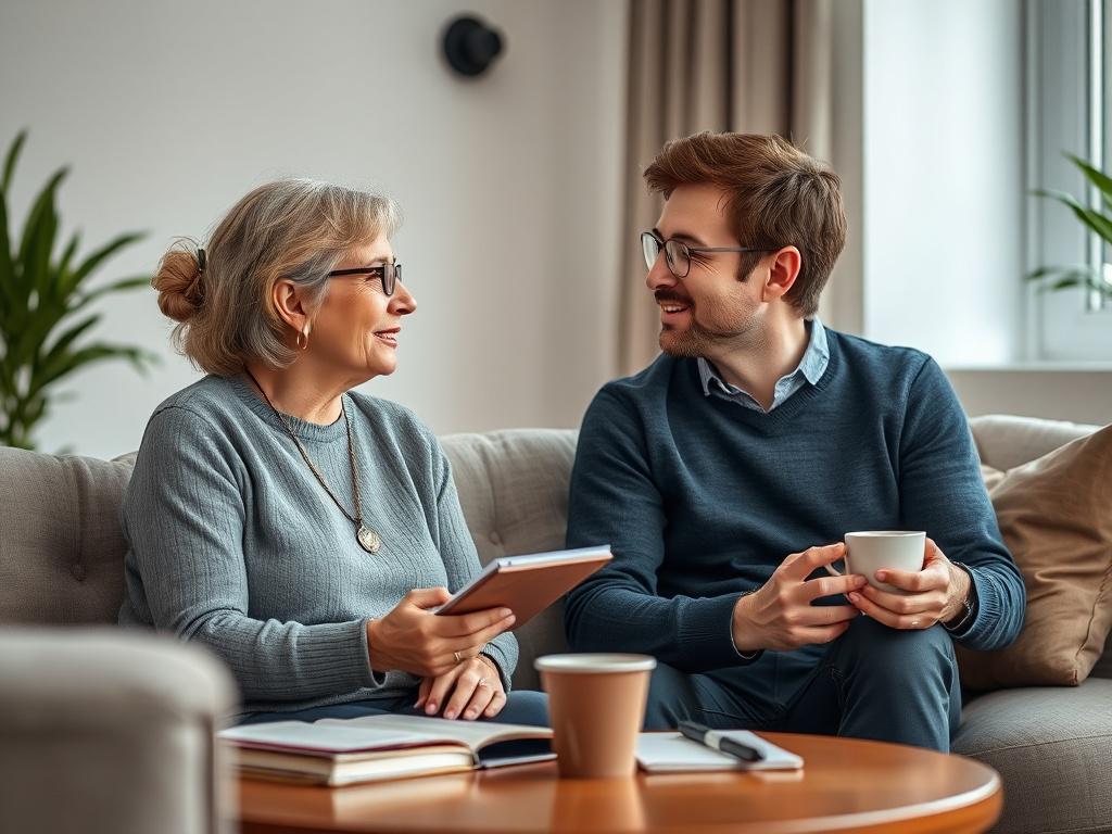 A serene mentorship session in progress, featuring a mentor and mentee engaged in conversation. The setting should be intimate, with soft lighting and comfortable seating, symbolizing a safe space for sharing. Include elements like notebooks and coffee cups to convey a casual yet focused atmosphere. The mentor should appear wise and approachable, while the mentee looks engaged and inspired, showcasing the essence of guidance and connection.
