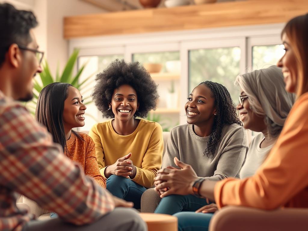 A vibrant digital community hub illustration, showing a diverse group of people engaging in conversation. The setting should feel warm and welcoming, with soft lighting and cozy seating arrangements, resembling a living room atmosphere. The background should feature elements of nature, such as plants and calming colors, to create a sense of tranquility and connection. The focus should be on the interactions between individuals, highlighting their expressions of joy and understanding.