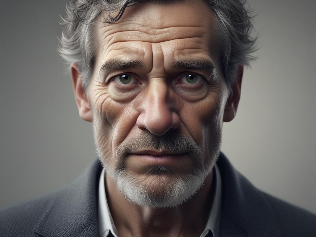 Create a hyper-realistic, high-resolution close-up portrait of a middle-aged man embodying the archetype of a prototypical skeptic or adversary who spiritually attacks God’s prophets. The composition is simple and centered, featuring only the single subject against a neutral, softly blurred background to maintain focus and clarity. Capture subtle expressions of inner conflict and unconscious resistance in his eyes and facial muscles, illustrating psychological tension rooted in spiritual warfare. Use cool, 