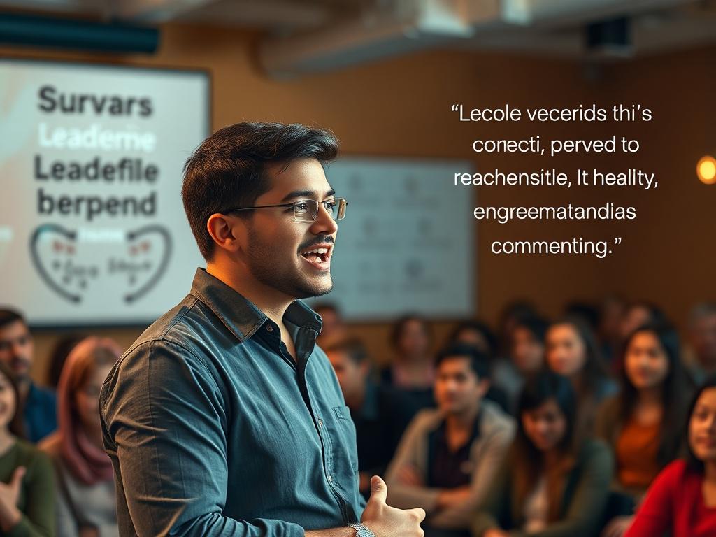 A confident individual standing in front of a digital audience, speaking passionately about leadership and community. The setting is warm and inviting, with soft lighting that highlights the speaker's enthusiasm. Elements like inspirational quotes and supportive visuals surround the scene, symbolizing empowerment and shared knowledge.