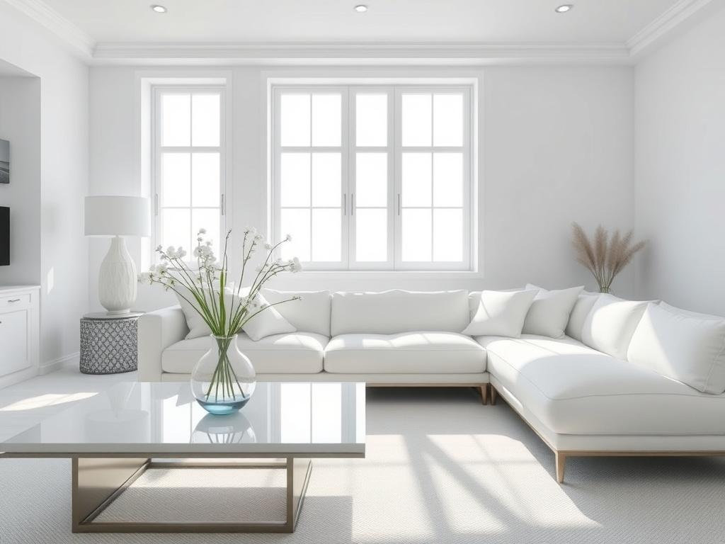 A pristine, minimalist living room with coastal inspired decor, featuring